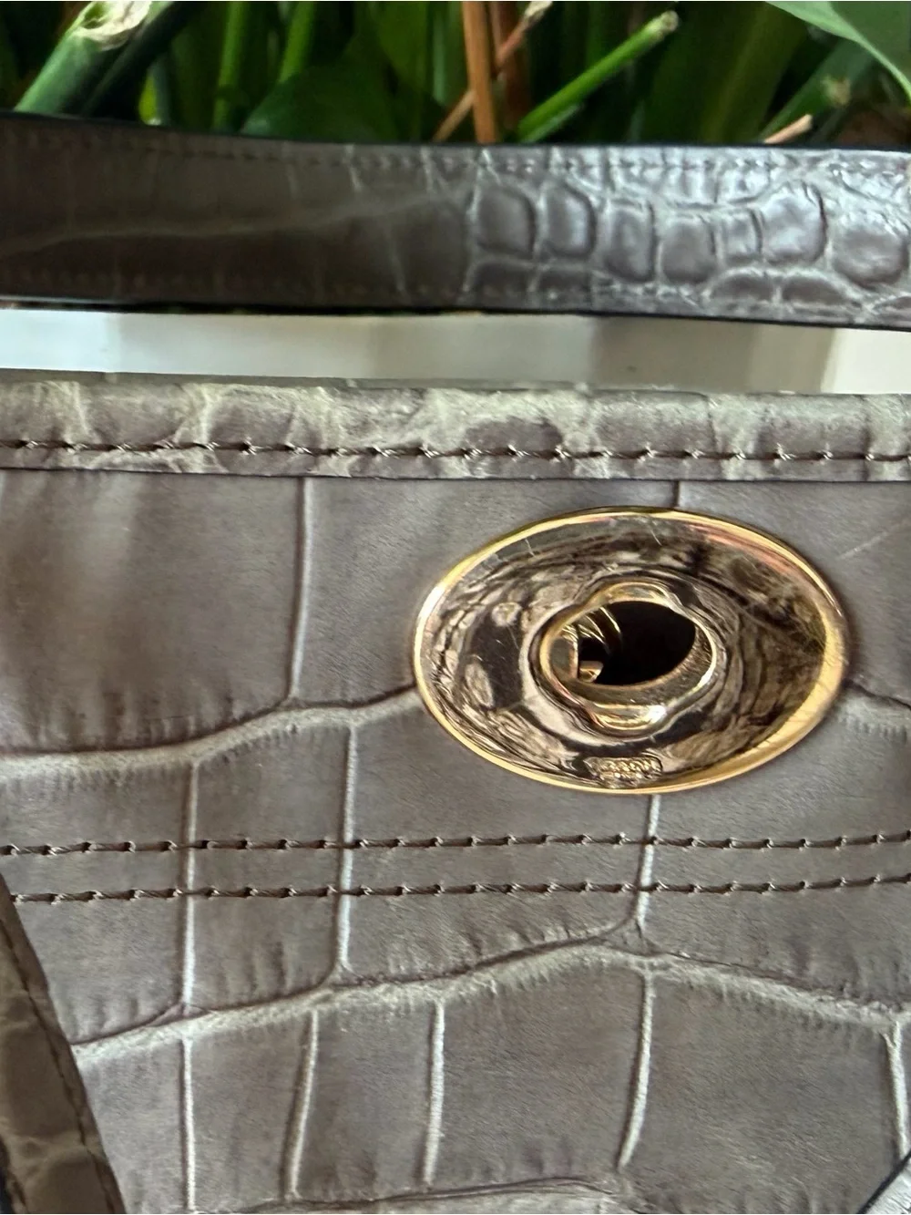 Gray Coach Gramercy Croc-Embossed Leather Tote with Gold Hardware